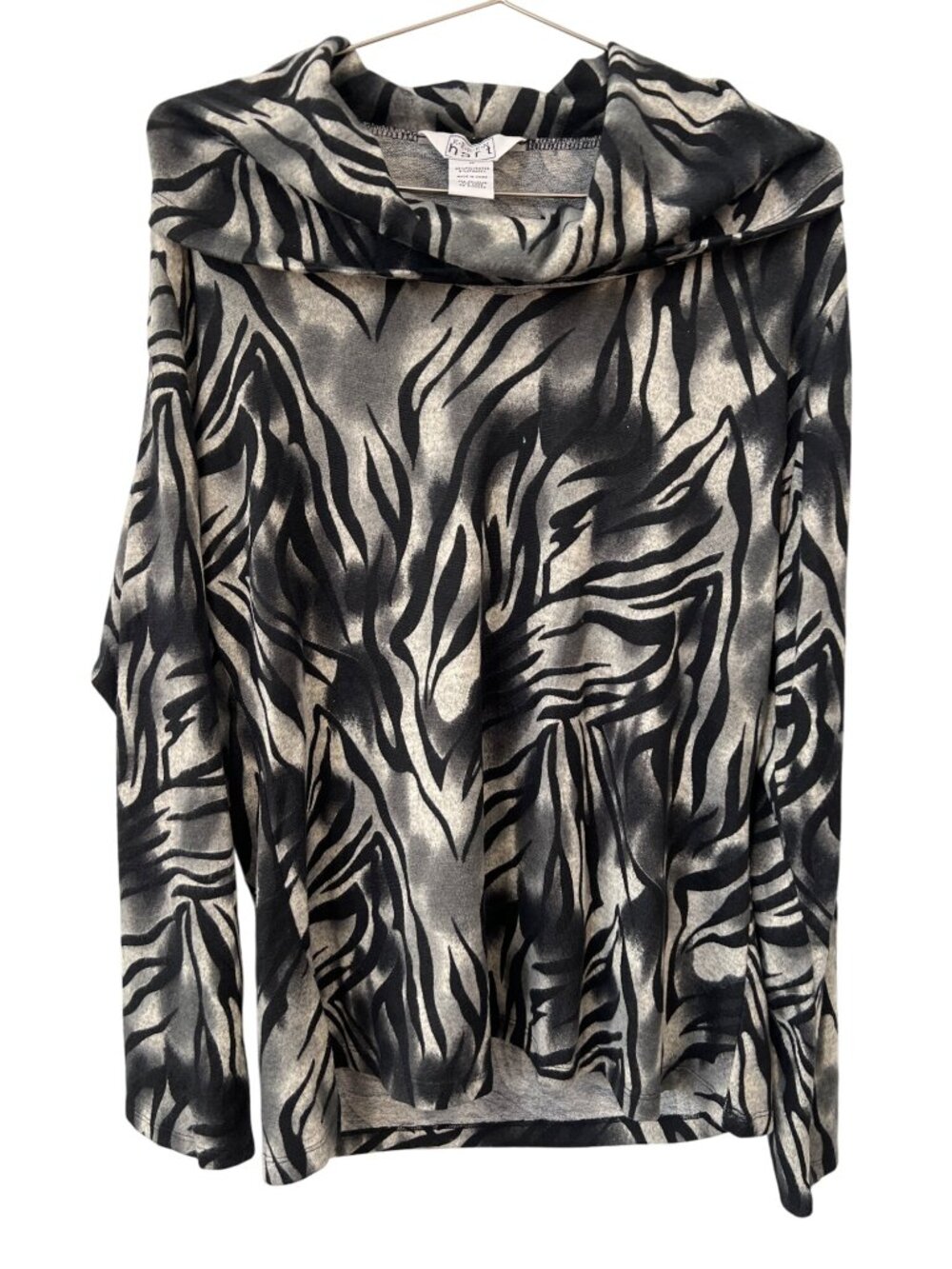 Keren Hart Top XL Zebra Print Long Sleeve Cowl Neck Gray Black Animal Print NEW